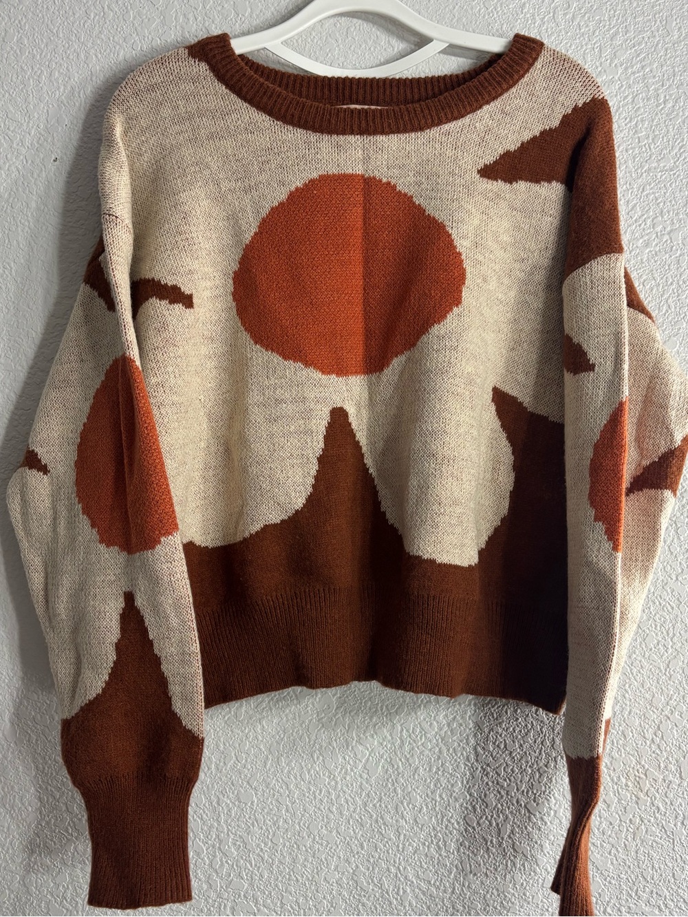 Evolutionary Cozy Rust Graphic Flower Crew  knit Sweater Fall Hippie Woman L